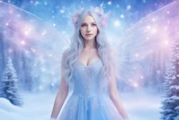 very beautiful fairy women with long hair, little smile, with cosmic silver metallic blue and pink suite and brightly earings. in the background there is a bautiful little magic forest with snow and light bluesky with stars and light beam