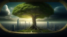 the last tree on earth, view from a far, portal to a space near the tree on the left, on the right city of the future year 4222, very realistic,