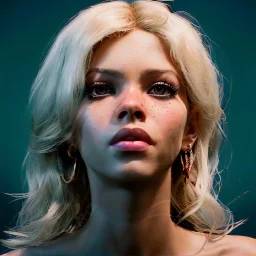 Shakira, artist, 30 years old, Realistic image, waist up portrait, Helmut Newton style. blonde, loose long hair, eyes make up, perfect, glow, circle iris. concept art, smooth, unreal engine 5, god lights, ray tracing, RTX, lumen lighting, ultra detail, volumetric lighting, 3d, finely drawn, high definition, 4k.