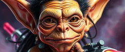 close up portrait with fine pores and real skin texture, clear transparent skin, wise eyes, hairy macho disco gremlin alien pimp indian Homunculus – living in a hi tech marvellous hot dog art graphics and gems on rocket with a mounted sling shot mega harpoon, heading for venus , background motion blur and smoke swirls