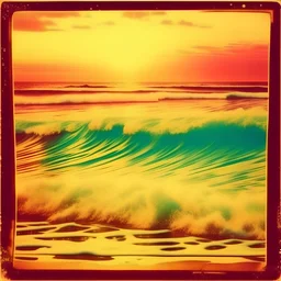 Realistic Sea, soft waves, polaroid with damaged border, 1968, sunset