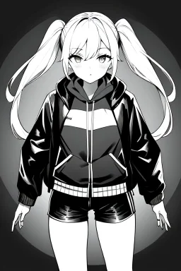 blonde girl with pigtails dressed in a jacket and shorts makes her way in the dark with a flashlight, greyscale