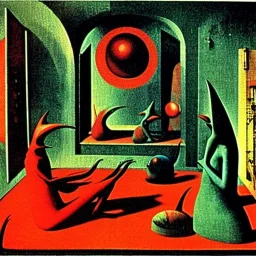 Living-room with alien odd creatures playing (50' style) [Max Ernst]