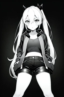 blonde girl with ponytails dressed in a jacket and shorts walk in dark corridor, greyscale