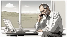 الصورة تعرض ستيف جوبز وهو جالس في مكتبه الخاص، وراءه نافذة تطل على مناظر طبيعية هادئة. يظهر جوبز وهو يرتدي ثوبًا بسيطًا ويتلقى مكالمة هاتفية بينما يعمل على جهاز كمبيوتر محمول. يتسم وجهه بتعابير التفكير العميق والابتسامة الخفيفة، مما يشير إلى تركيزه الشديد وتفكيره الابتكاري. على مكتبه، يمكن رؤية مجموعة من المخططات والنماذج المصغرة لأجهزة تكنولوجية، مما يظهر اهتمامه بالتفاصيل والتصميم المميز. كما يمكن أن نلاحظ تواجد كتب وأدوات كتابة، مما يشير إلى تطلعه المستمر للمعرفة والابتكار. الإضاءة في الصور