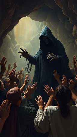 Bosch painting style nightmares, of people are crying and begging with hands up like praying in fear , all picture filled people in cave and looks like hell , a big scary mysterious hooded black creature is standing in the middle , all afraid of him.