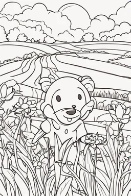 kids coloring page, field with flowers, cartoon style, thick lines, low detail, no shading