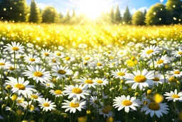 a pretty meadow filled with chamomile flowers with white petals and yellow hearts, yellow or gold lights effects colors, rays of the sun, highly detailed, high contrast, 8k, high definition, realistic, concept art, sharp focus