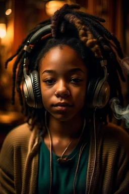 earthy black young woman listening to music with small old school headphones, soul, peace, majestic, earthy colours, at peace, happy, incense, jewels, bands, natural, old school headphones, blasian eyes, incense, without epicanthal eye folds, very darker skin tone