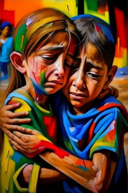 a girl hug her brother and both crying sadly, expressionism, Pixar style, in abstract art Basquiat, Picasso, Miro, Kandinsky, Klee, Birell, Fairey, Ardon, Buffet and Picasso style, HD --s 750 --v 5.1 --style raw, water color