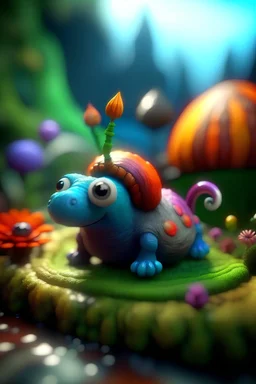 portrait of cute fluffy camo toy wolly mammoth snail jewelry in a water slide holding weird flowers in his trunk in the style of pixar, on a strange planet with weird colors and waterfalls, bokeh like f/0.8, tilt-shift lens 8k, high detail, smooth render, down-light, unreal engine, prize winning