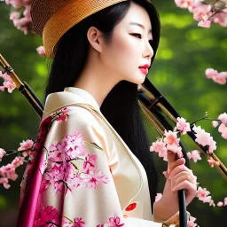 detailed matte portrait of gorgeous, stunning Japanese woman with bamboo umbrella, cherry blossoms, kimono, 8k, high-quality, ultra-fine detail, soft, painting, acrylic, oil, detailed matte, digital art, Brian Froud, Howard Lyon, Anna Dittman, Anne Stokes, Selina French, Greg Rutowski