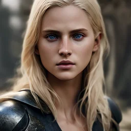 Photorealistic close-up of a beautiful blonde warrior with dystopian clothes and background