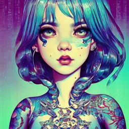 singer Melanie Martinez face, beautiful cyberpunk, hyperdetailed, illustration by Katsushika Hokusai, darkblue tones, hair two tones,