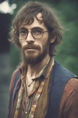 Hippie bohemian young ugly man with Parisian bohemian look and glasses of colours and poor and short short short and poor hair on the head with receding hairline. Farsightedness glasses with big eyes. Long beard. Vintage look and feel like photo styleof the 70s