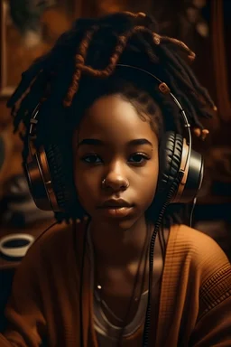 earthy black young woman listening to music with headphones, soul, peace, majestic, earthy colours, at peace, happy, incense, jewels, bands, natural, old school headphones, sensual eyes, siren eyes