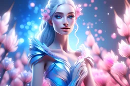 beautiful galactic goddess, full body, nice eyes, pure harmony, soft pink, soft blue, smile, galactic, magic, transcendent, divine, warm look, fantastic magical flowers background, ultra sharp focus, ultra high definition, 8k, unreal engine5background, colored lake, ultra sharp focus, ultra high