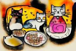 fat cat, lot of cat food in boxes and on plates, styles of Paul Klee Dee Nickerson and Tim Burton, melting watercolor and black ink outlines on wet paper, soft, shading strokes, in sunshine, ethereal, otherwordly, cinematic postprocessing, bokeh, dof