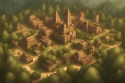 Civilização média com construções antiga no meio de uma floresta, inspiração game of trhones
