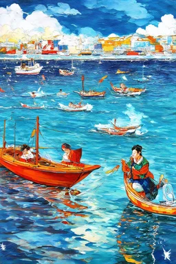 on the boat on a long journey, japanese modern pop art