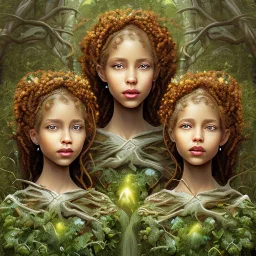 Painting .three women. A mother. Two daughter. Twins. A mother with her children the faces of three young black women. wood nymphs emerging from the forest. Her hair looks like vines. Dreadlocs. Her skin is the colour of dark soil. Her skin looks like tree bark. Her clothing is made of vines, grass and leaves.