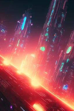 energy beam coming from the sky and destroying a cyberpunk city, sunset, ambience, eerie, 8k, wallpaper