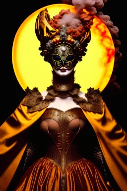 Planet Venus portrayed as a beautiful masked woman wearing medieval robes, her sihlouette is engulfed in sulfuric vapor and translucid fire, underneath her beauty hides a chaotic inferno of passion and violence