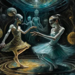 Occultic corrupting presence out of the liminal parallel world, mixed media, an otherworldly ballerina with a wicked wide grin hovering over a sleeping woman whose visible soul is leaving her being transferred into a vial the ballerina holds, 'Pan's Labrynth' movie aesthetic, surreal, sinister, and fantastical