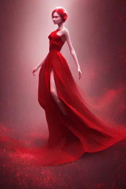 Adorable woman in red gown volumetric light ray in haze surrealism