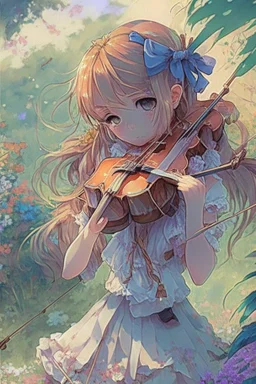 10cears child girl at garden playing violin anime manga, niji, colorful