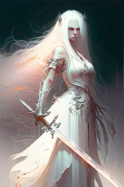 Warrior, wielding a long sword, in a white dress, white hair, long hair, cybernetic eyes, standing in mists, Female, dark art, Ivory Peach skin, cute