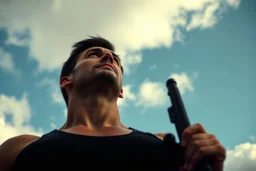 a muscular man who looks like Hans Gruber looks upward at a cloudy sky, film noir