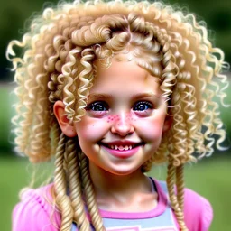 A cute little girl, curly blonde hair, the look on her smiling face.