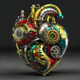 MULTICOLORED COMPLIMENTARY MECHANICAL HUMAN HEART, METALLIC, CLOCKWERK, STEAMPUNK, ANATOMICALLY CORRECT, RETROFUTURISTIC, CINEMATIC