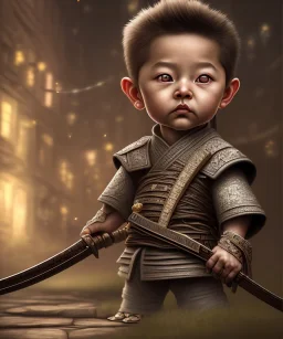 little boy samurai. shadows, Brent Weeks, Night Angel, cobblestone street alley, highly detailed, hyper-detailed, beautifully color-coded, insane details, intricate details, beautifully color graded, Cinematic, Color Grading, Editorial Photography, Depth of Field, DOF, Tilt Blur, White Balance, 32k, Super-Resolution, Megapixel, ProPhoto RGB, VR, Halfrear Lighting, Backlight, non photorealistic rendering