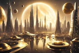 Città del futuro dorata con grattacieli altissimi di platino, atmosfera piena di luce ,cielo con pianeti e dischi volanti d'oro.