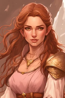 charismatic adventurer. eladrin woman. beautiful. sharp features. smirk. brown eyes. messy long redish-brown hair. light pink and brown medieval adventuring clothing. gold scale freckles.