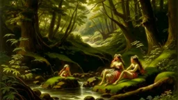 Nymphs sitting next to a stream, in a woodland clearing