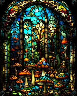 A Stained Glass Window of Fairyland with Mushrooms ROYALTY, colorful page, black background, perfect composition, beautiful detailed intricate insanely detailed octane render trending on artstation, photorealistic, soft natural volumetric cinematic perfect light, chiaroscuro, masterpiece, oil on canvas, raphael, caravaggio, greg rutkowski, beeple, beksinski, giger, black and white still, digital Art, perfect coloer, read,green, blew,white, ((((colorful)))))