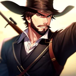 Clear Focus, High resolution, gunslinger, Bearded, short brown hair, serious eyes,