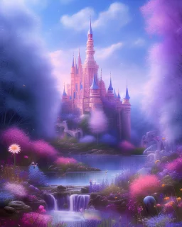 chateau bleu or mauve rose, étoiles, glossy, très belle nature, grandes fleurs colorés, cascades,papillons, etoiles, champignons, fées tres magiques