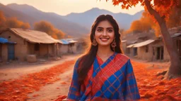 The image should depict a serene evening scene of a traditional Pakistani village at sunset, featuring a (closeup face view of a) young happy woman adorned in a vibrant red and blue checkered dress, surrounded by rustic houses, thick trees with orange dry leaves falling and breathtaking mountain landscapes along with lots of dry orange leaves fallen on the ground, bathed in soft golden light and dramatic hues of orange, pink, and purple.