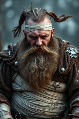 a very sad hurt swedish viking fat man with beard, he is covered all the body with bandage and are in deep pain, bandage all over him, cripple