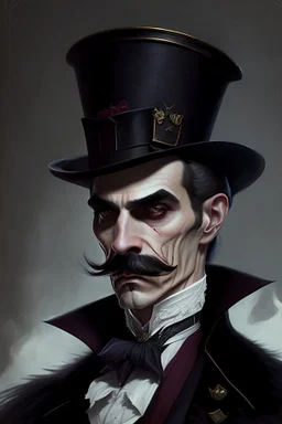 Strahd von Zarovich with a handlebar mustache wearing a top hat while looking disdainful