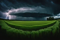 Surreal big storm, Stormy weather over a little field of tall grass. A cereal circle in grass under a dramatic sky filled with large, dark clouds. Lightning can be seen streaking across the sky, creating a striking contrast with the green grass. The atmosphere appears ominously foreboding, as if the storm might unleash its fury upon the land,Kandinskysurreal, sinister, dali, bosch, klee style