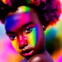 full body shot, masterpiece, best quality, child, dark skinned, sparkling eyes, fluorescent skin, colorful makeup, afro, highly detailed body, sun light, 4K, RAW, depth of field, high contrast, realistic details, 24mm