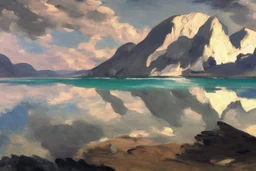 clouds, mountains, lake, lake reflections, rocks, edouard manet and frederic bazille painting