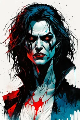 create a highly ethereal, darkly magical full body portrait illustration of a ragged malevolent Brujah female vampire , with highly detailed and deeply cut facial features, in the comic art style of FRANK MILLER and BILL SIENKIEWICZ, searing lines and forceful strokes, precisely drawn, boldly inked, with vibrant colors