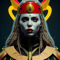 German woman, rounded face, blood, black, red, yellow, samurai helmet, decorative color feathers, retro, bamboo, leather, soft color, highly detailed, art stations, concept art, smooth, unreal engine 5, god rays, ray tracing, RTX, lumen lighting, ultra detail, volumetric lighting, 3d, finely drawn, high definition, high resolution.