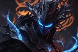 Huge symbiote in 8k solo leveling shadow drawing, shaco model, Halloween theme, neon blue lights, Chaos sea, intricate details, highly detailed, high details, detailed portrait, masterpiece,ultra detailed, ultra quality